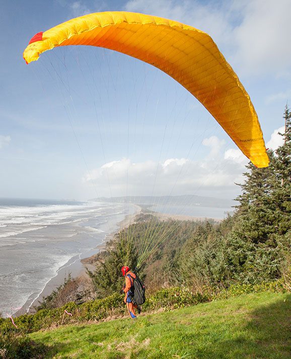 Person attached to paraglider, standing on side of hill overlooking the beach