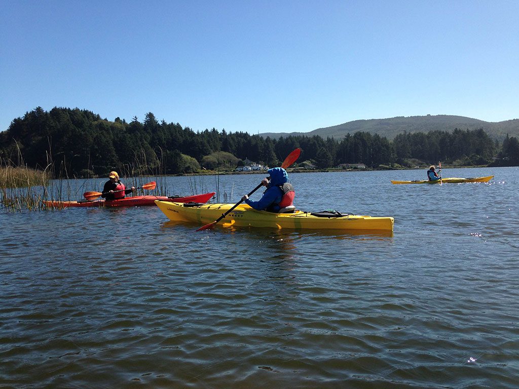 Three people in kayaks paddle in the lake